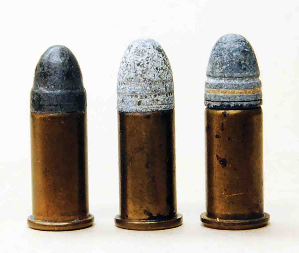 The earliest rounds include (left to right): a .320 Short Centerfire Revolver, .32 Webley and a .32 Short Colt; all are the same cartridge.